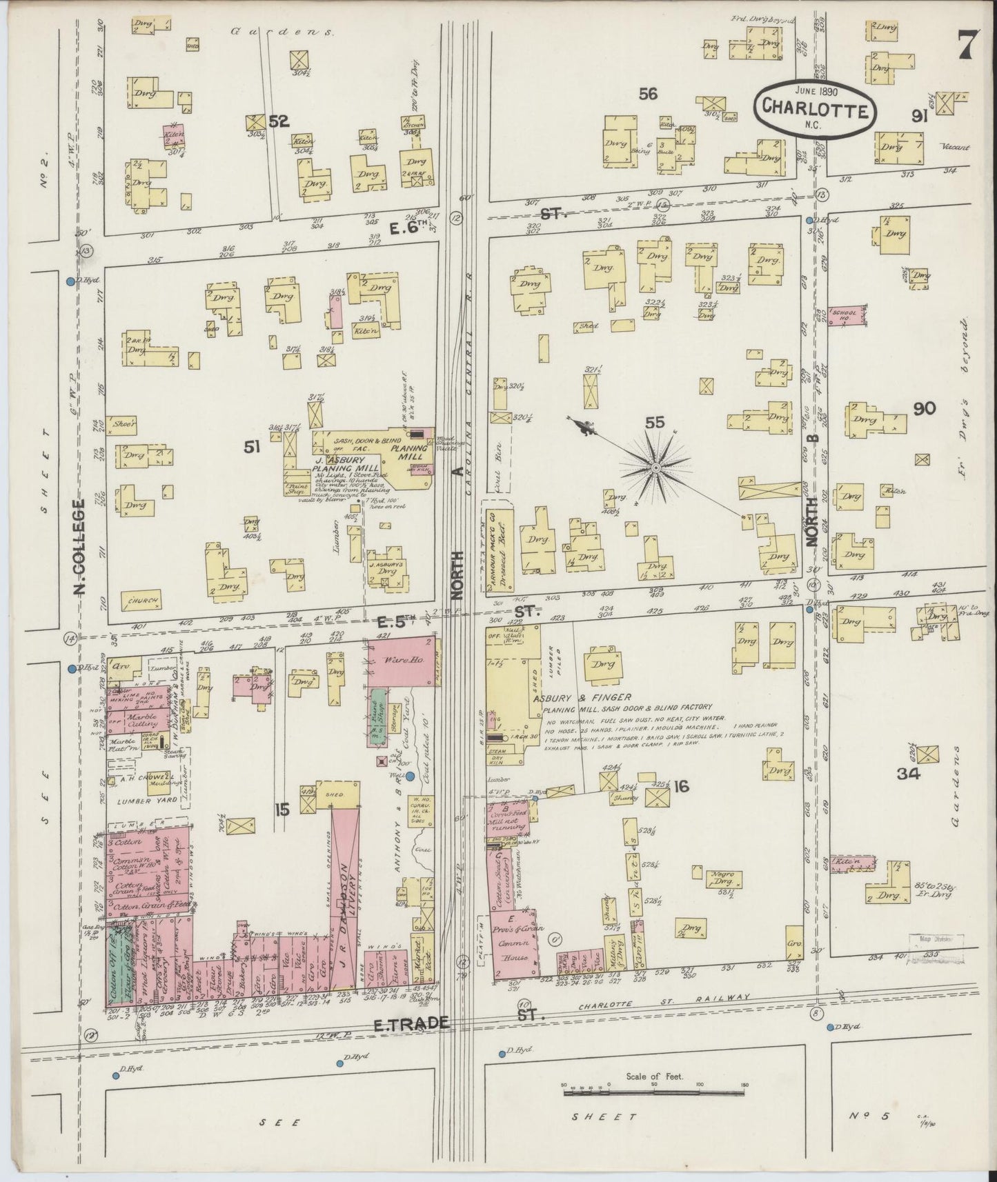 Sanborn Fire Insurance Map from Charlotte, Mecklenburg County, North Carolina (1890), Sheet #0007 - Historic Sanborn Fire Insurance Map Print, vintage old map wall art, antique decor, genealogy gift, North Carolina North Carolina map