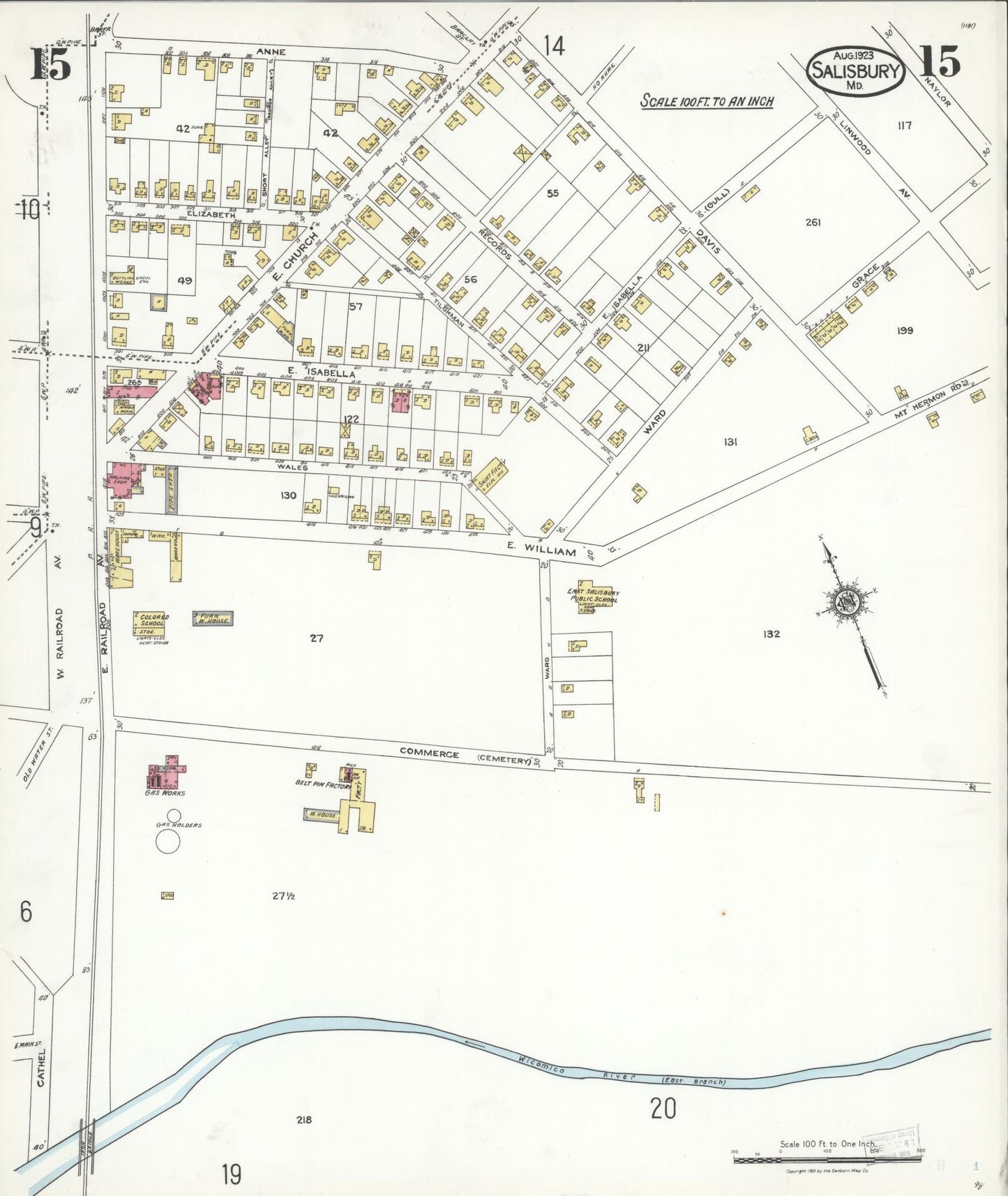 Sanborn Fire Insurance Map from Salisbury, Wicomico County, Maryland (1923), Sheet #0015 - Historic Sanborn Fire Insurance Map Print, vintage old map wall art, antique decor, genealogy gift, Maryland Maryland map
