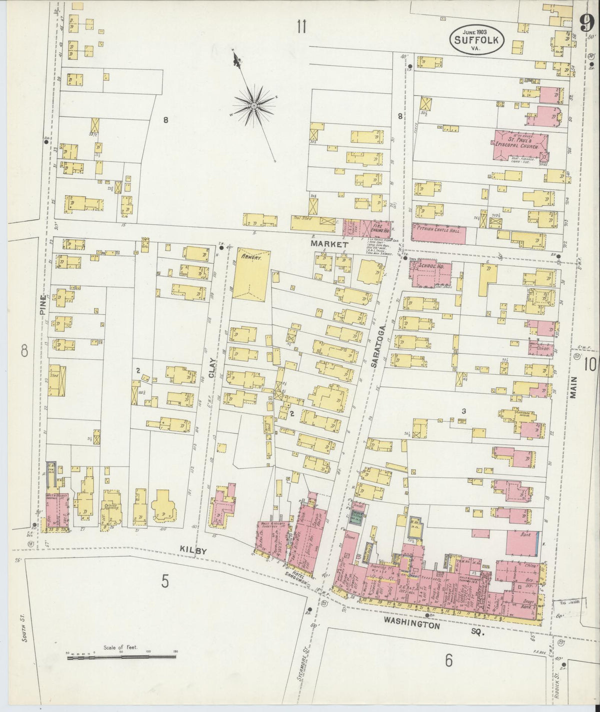 Sanborn Fire Insurance Map from Suffolk, Independent Cities, Virginia (1903), Sheet #0009 - Historic Sanborn Fire Insurance Map Print, vintage old map wall art, antique decor, genealogy gift, Virginia Virginia map