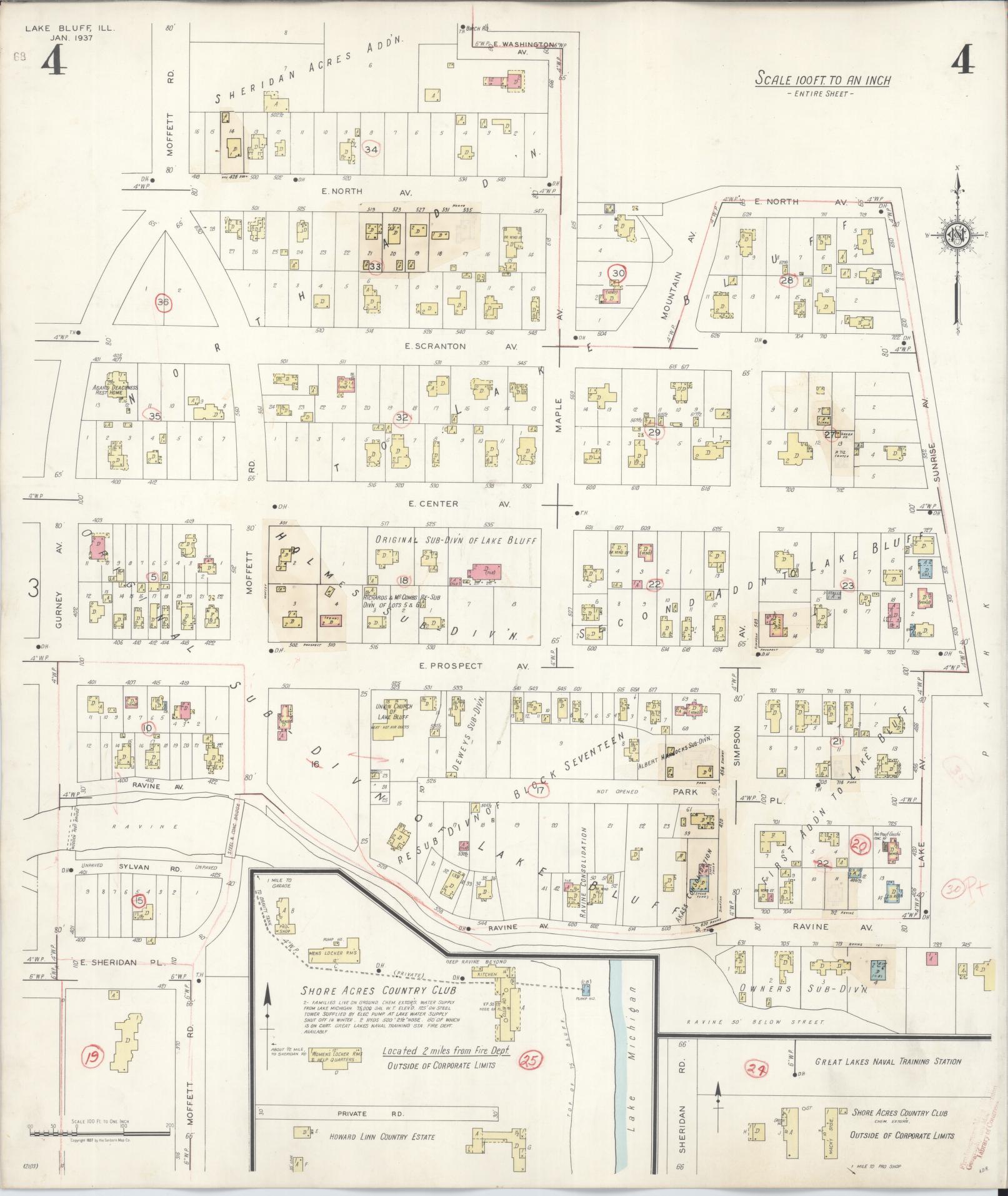 Sanborn Fire Insurance Map from Lake Bluff, Lake County, Illinois (1944), Sheet #0004 - Complete Map Set gallery image, historic Sanborn map, vintage wall art, Illinois Illinois