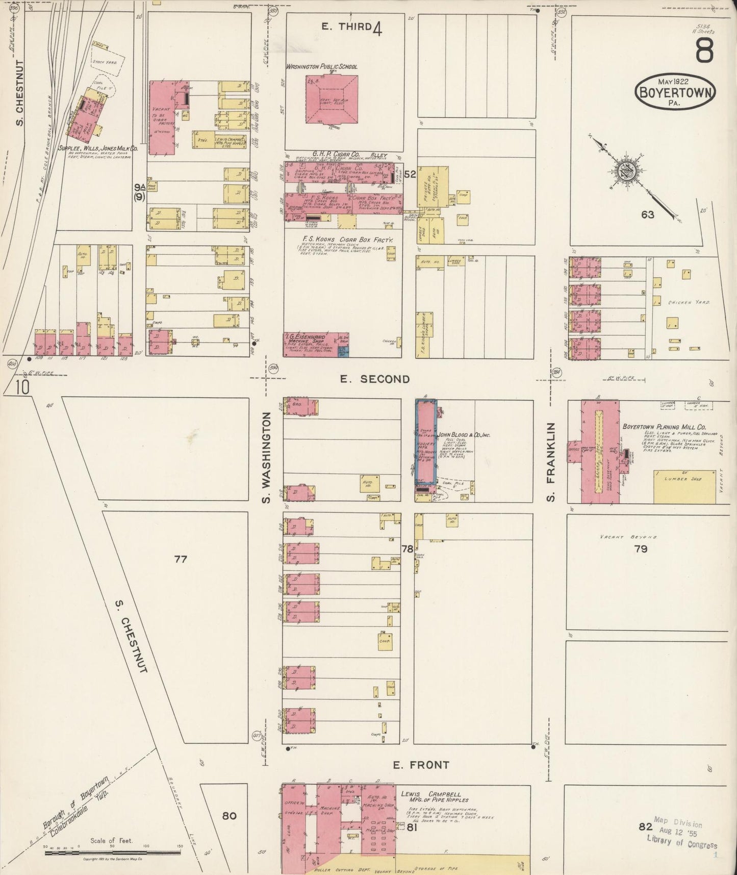 Sanborn Fire Insurance Map from Boyertown, Berks County, Pennsylvania (1922), Sheet #0008 - Historic Sanborn Fire Insurance Map Print, vintage old map wall art, antique decor, genealogy gift, Pennsylvania Pennsylvania map