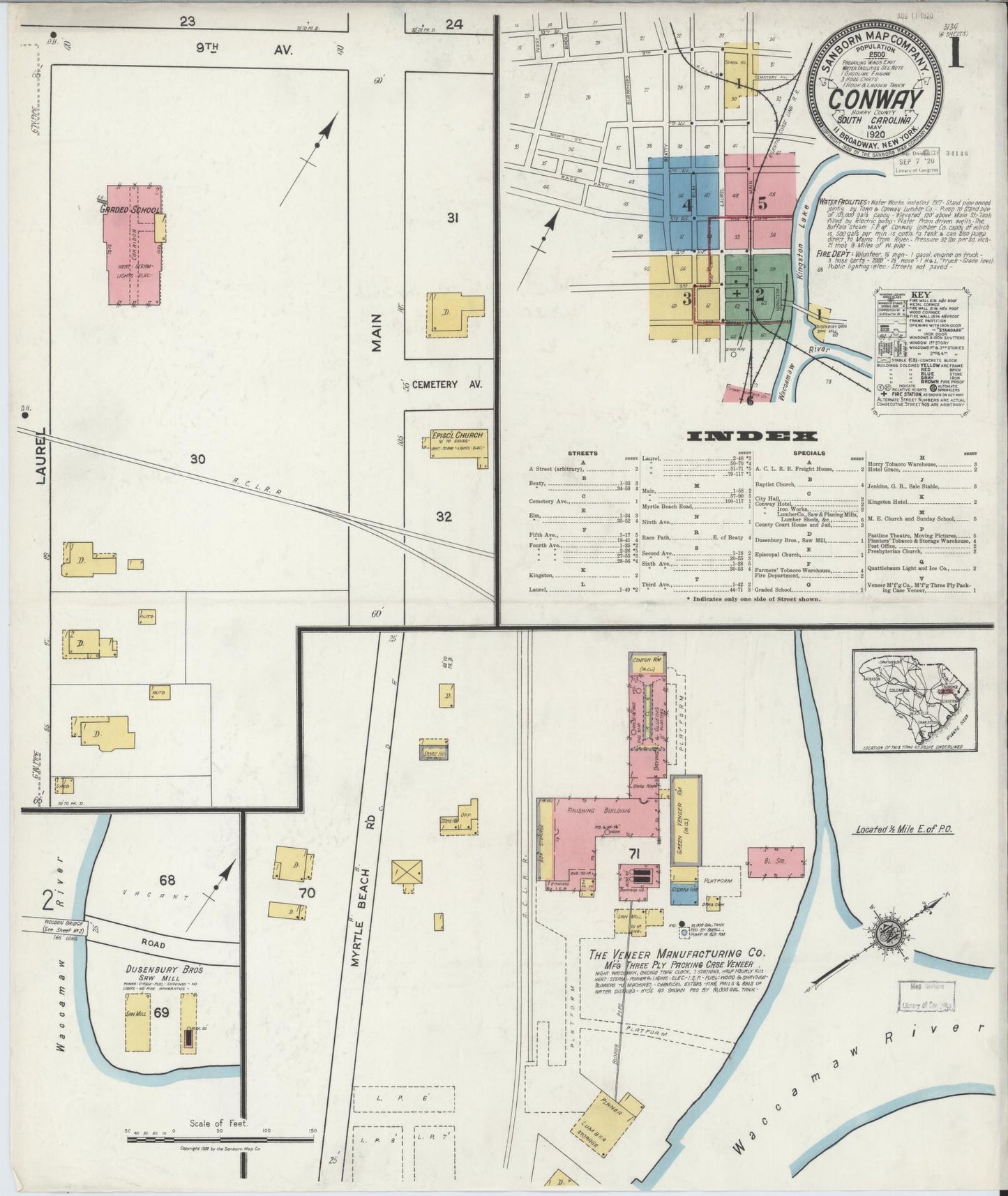 Sanborn Fire Insurance Map from Conway, Horry County, South Carolina (1920), Sheet #0001 - Complete Map Set gallery image, historic Sanborn map, vintage wall art, South Carolina South Carolina