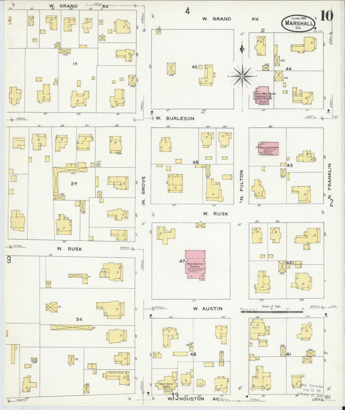 Sanborn Fire Insurance Map from Marshall, Harrison County, Texas (1909), Sheet #0010 - Complete Map Set gallery image, historic Sanborn map, vintage wall art, Texas Texas