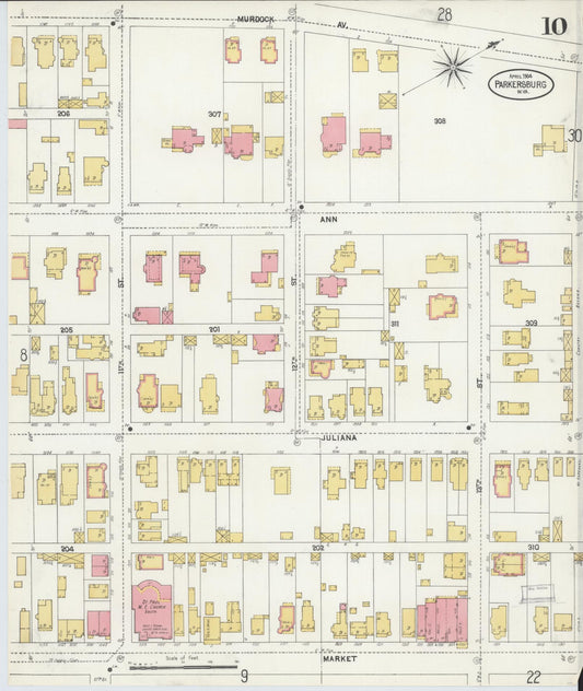 Sanborn Fire Insurance Map from Parkersburg, Wood County, West Virginia (1904), Sheet #0010 - Historic Sanborn Fire Insurance Map Print, vintage old map wall art, antique decor, genealogy gift, West Virginia West Virginia map