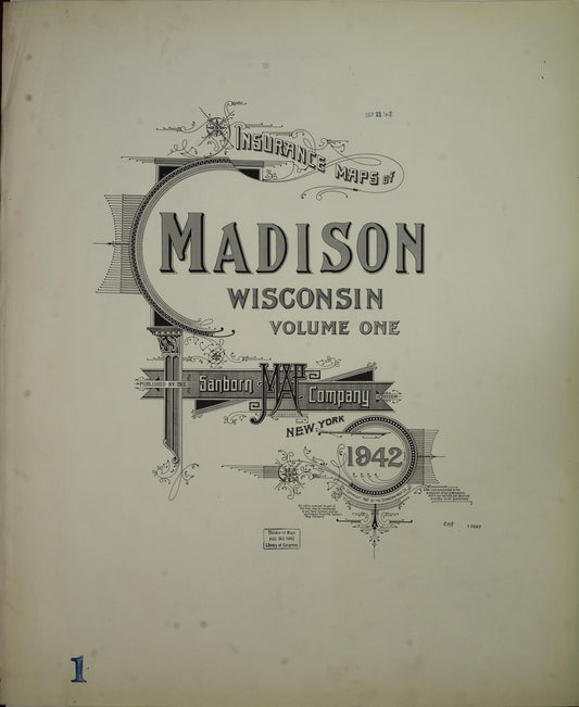 Sanborn Fire Insurance Map from Madison, Dane County, Wisconsin (1942), Sheet #0001 - Historic Sanborn Fire Insurance Map Print, vintage old map wall art, antique decor, genealogy gift, Wisconsin Wisconsin map