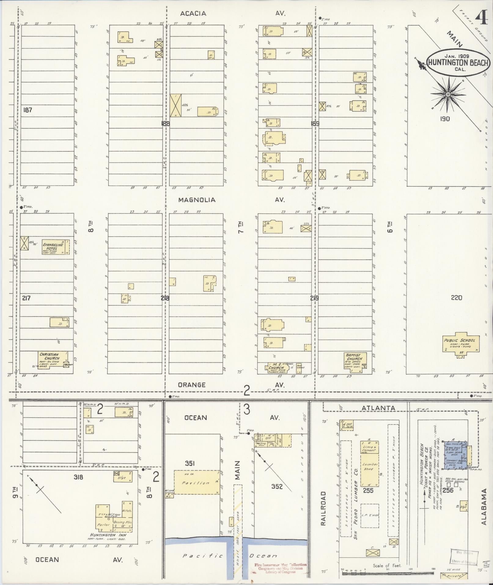 Sanborn Fire Insurance Map from Huntington Beach, Orange County, California (1909), Sheet #0004 - Historic Sanborn Fire Insurance Map Print, vintage old map wall art, antique decor, genealogy gift, California California map