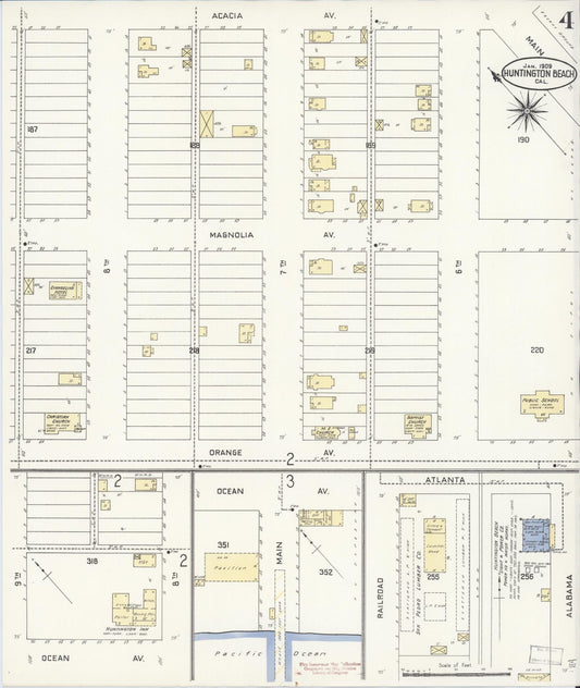 Sanborn Fire Insurance Map from Huntington Beach, Orange County, California (1909), Sheet #0004 - Historic Sanborn Fire Insurance Map Print, vintage old map wall art, antique decor, genealogy gift, California California map