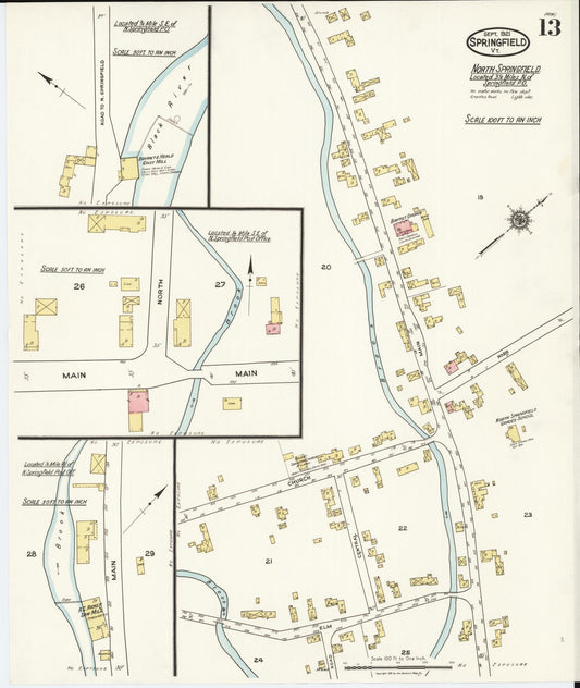 Sanborn Fire Insurance Map from Springfield, Windsor County, Vermont (1921), Sheet #0013 - Historic Sanborn Fire Insurance Map Print, vintage old map wall art, antique decor, genealogy gift, Vermont Vermont map