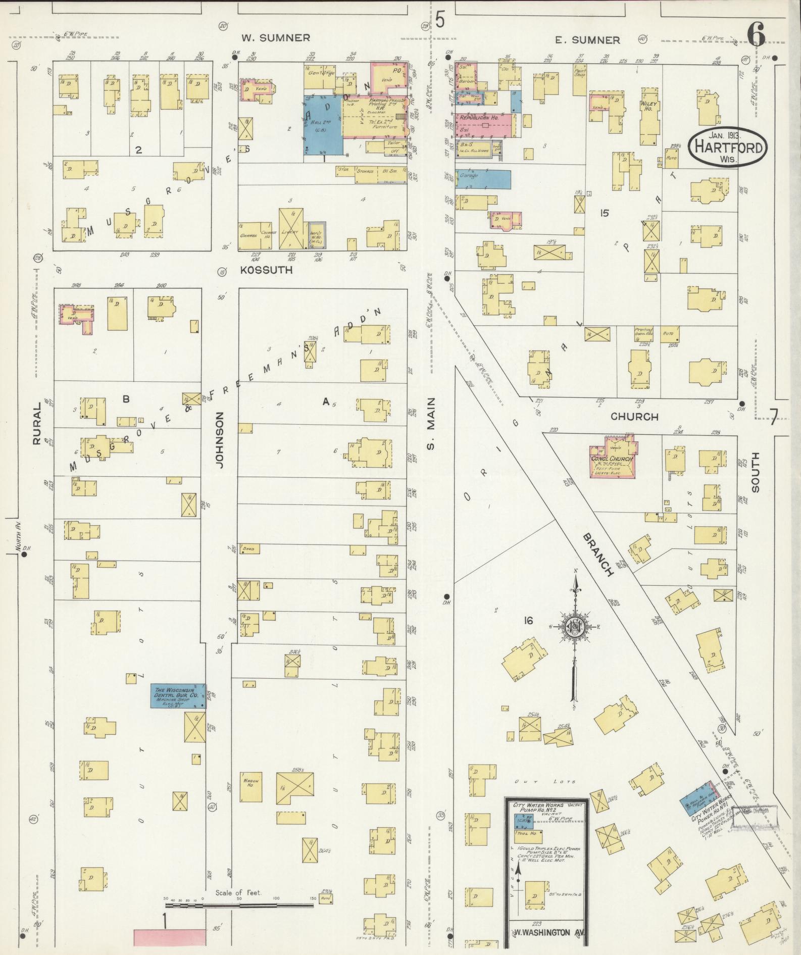 Sanborn Fire Insurance Map from Hartford, Washington County, Wisconsin (1913), Sheet #0006 - Historic Sanborn Fire Insurance Map Print, vintage old map wall art, antique decor, genealogy gift, Wisconsin Wisconsin map