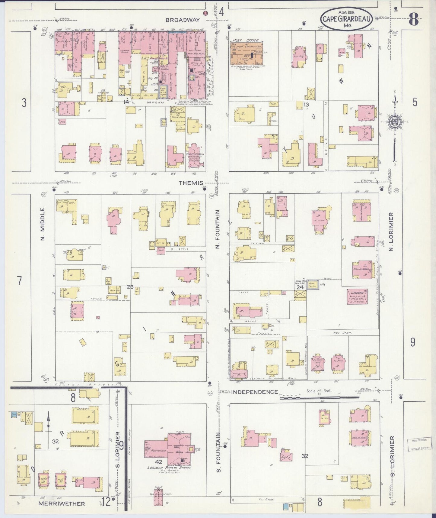 Sanborn Fire Insurance Map from Cape Girardeau, Cape Girardeau County, Missouri (1915), Sheet #0008 - Complete Map Set gallery image, historic Sanborn map, vintage wall art, Missouri Missouri