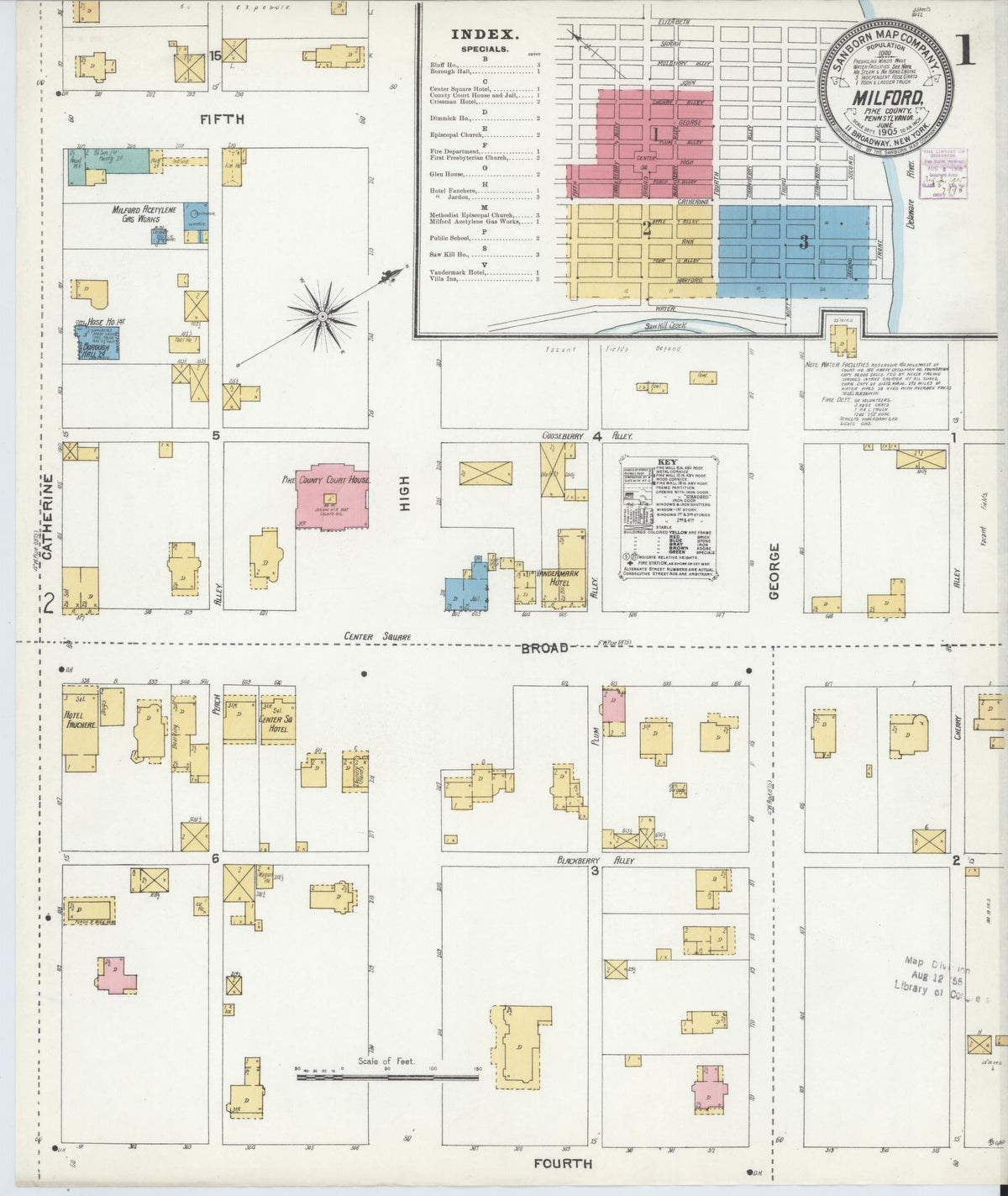 Sanborn Fire Insurance Map from Milford, Pike County, Pennsylvania (1905), Sheet #0001 - Historic Sanborn Fire Insurance Map Print, vintage old map wall art, antique decor, genealogy gift, Pennsylvania Pennsylvania map