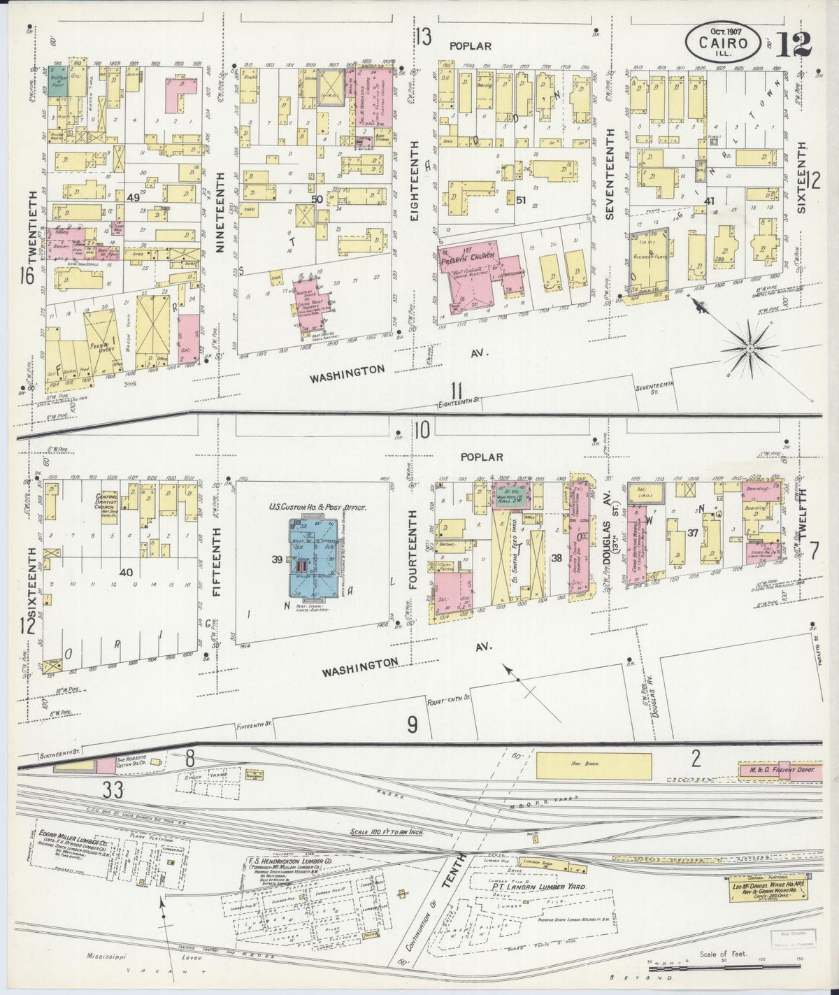 Sanborn Fire Insurance Map from Cairo, Alexander County, Illinois (1907), Sheet #0012 - Complete Map Set gallery image, historic Sanborn map, vintage wall art, Illinois Illinois