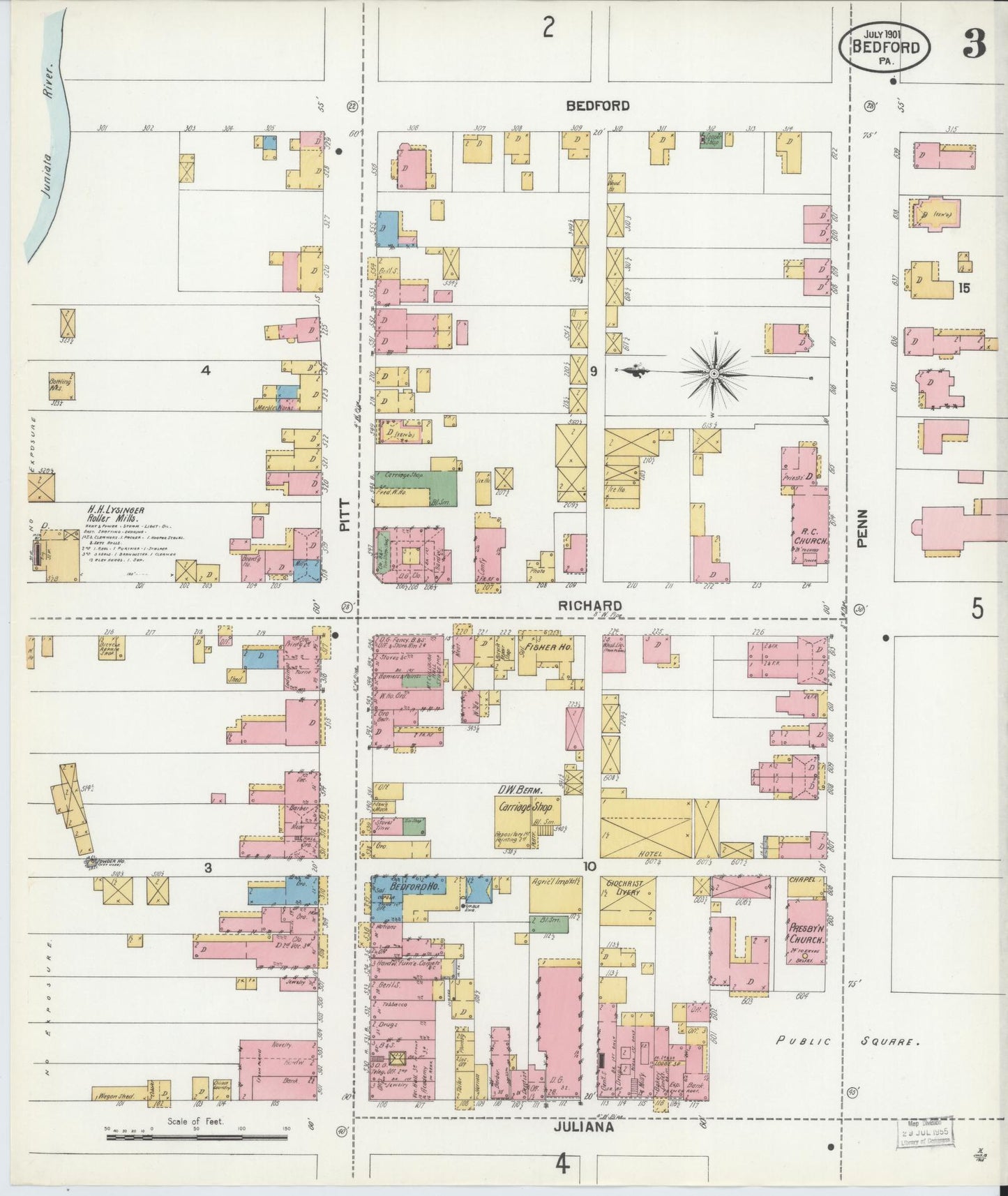 Sanborn Fire Insurance Map from Bedford, Bedford County, Pennsylvania (1901), Sheet #0003 - Historic Sanborn Fire Insurance Map Print, vintage old map wall art, antique decor, genealogy gift, Pennsylvania Pennsylvania map