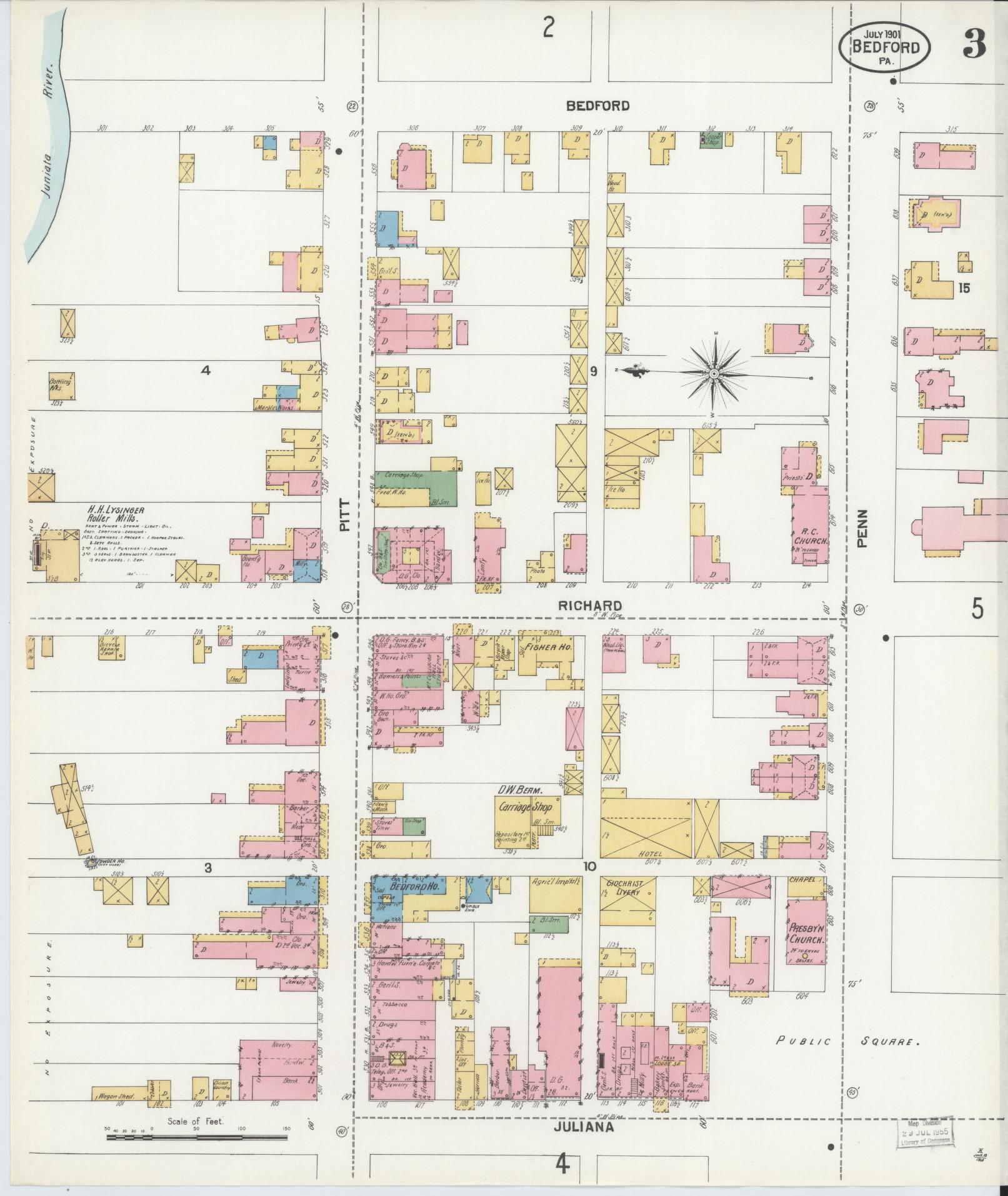 Sanborn Fire Insurance Map from Bedford, Bedford County, Pennsylvania (1901), Sheet #0003 - Historic Sanborn Fire Insurance Map Print, vintage old map wall art, antique decor, genealogy gift, Pennsylvania Pennsylvania map