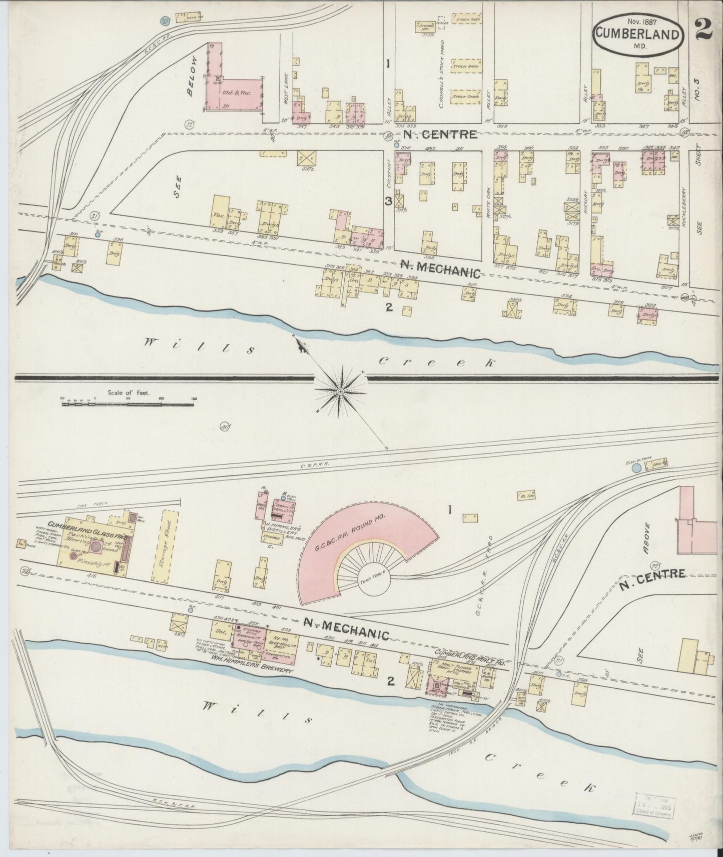 Sanborn Fire Insurance Map from Cumberland, Allegany County, Maryland (1887), Sheet #0002 - Historic Sanborn Fire Insurance Map Print, vintage old map wall art, antique decor, genealogy gift, Maryland Maryland map