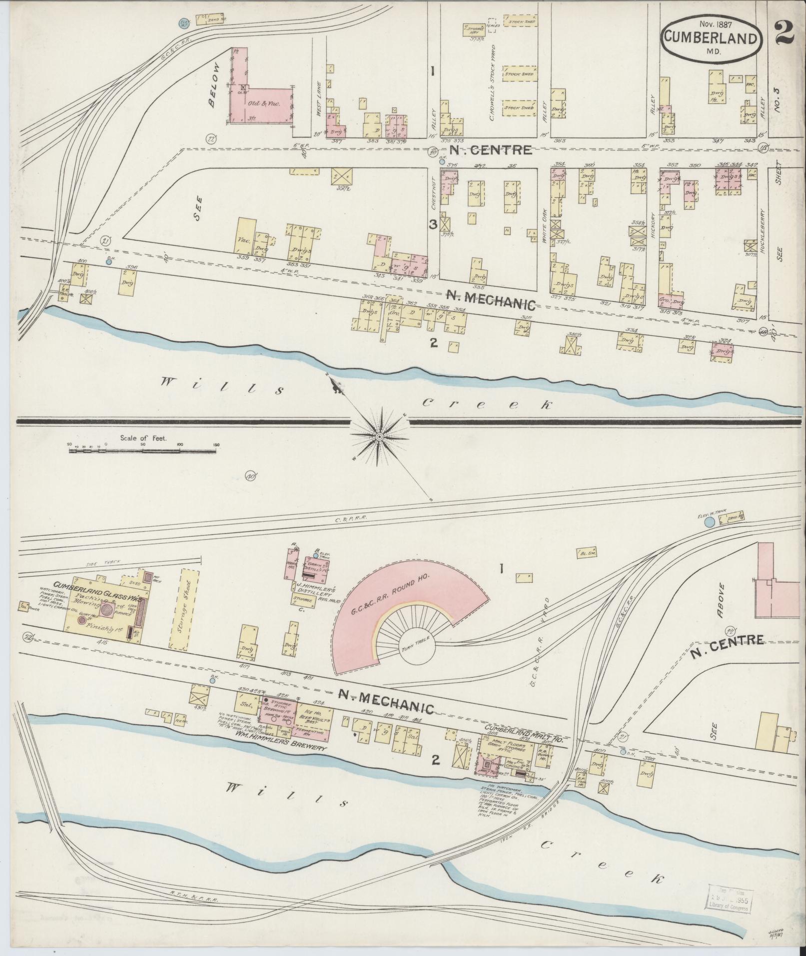 Sanborn Fire Insurance Map from Cumberland, Allegany County, Maryland (1887), Sheet #0002 - Historic Sanborn Fire Insurance Map Print, vintage old map wall art, antique decor, genealogy gift, Maryland Maryland map