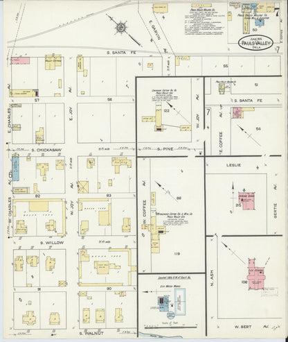 Sanborn Fire Insurance Map from Pauls Valley, Garvin County, Oklahoma (1914), Sheet #0007 - Complete Map Set gallery image, historic Sanborn map, vintage wall art, Oklahoma Oklahoma