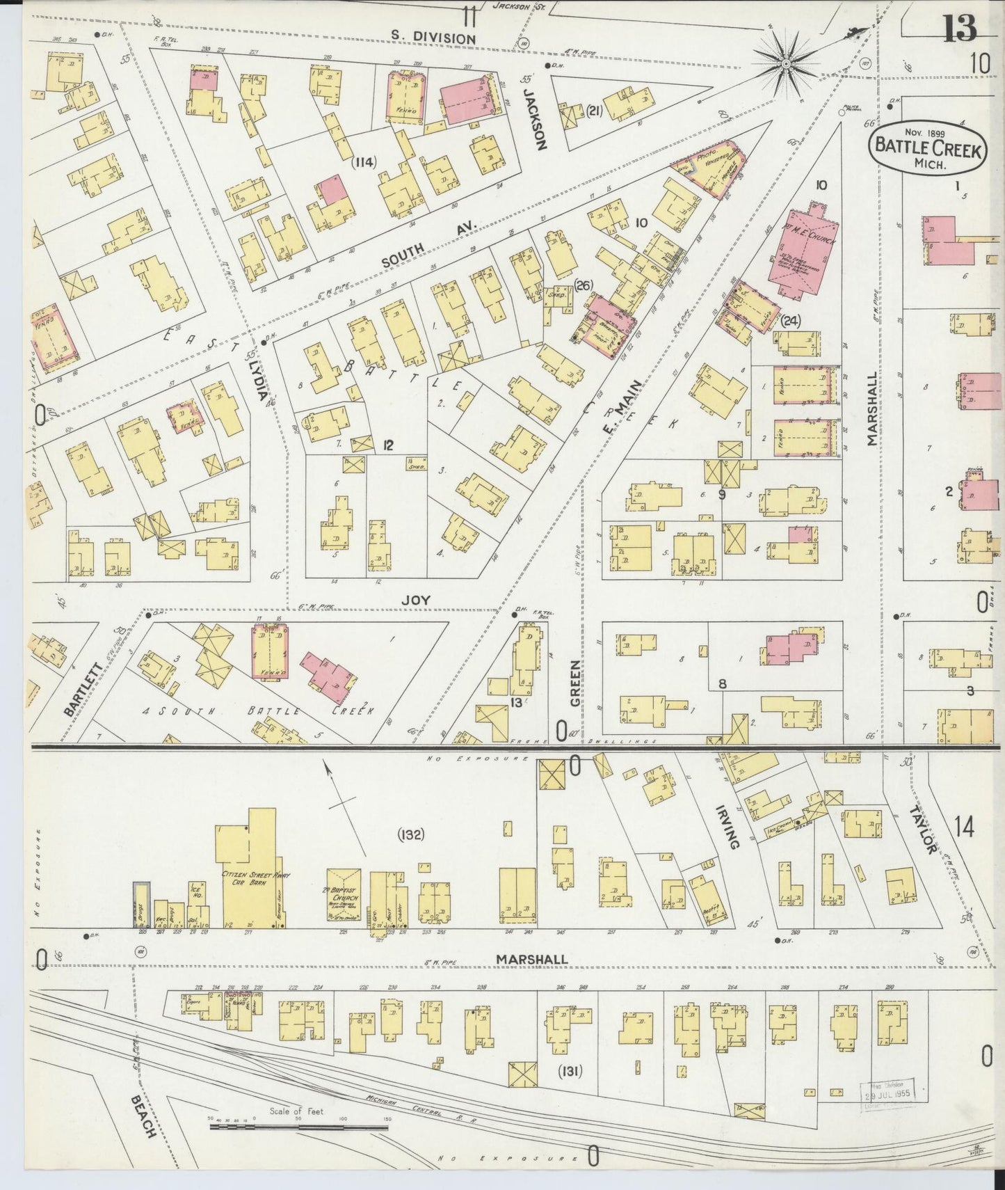 Sanborn Fire Insurance Map from Battle Creek, Calhoun County, Michigan (1899), Sheet #0013 - Complete Map Set gallery image, historic Sanborn map, vintage wall art, Michigan Michigan