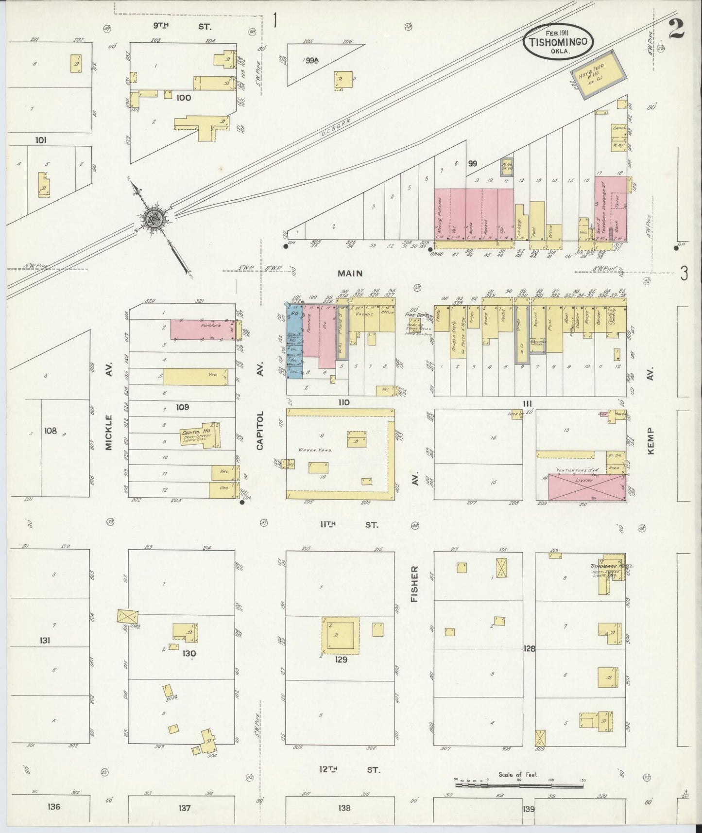 Sanborn Fire Insurance Map from Tishomingo, Johnston County, Oklahoma (1911), Sheet #0002 - Complete Map Set gallery image, historic Sanborn map, vintage wall art, Oklahoma Oklahoma