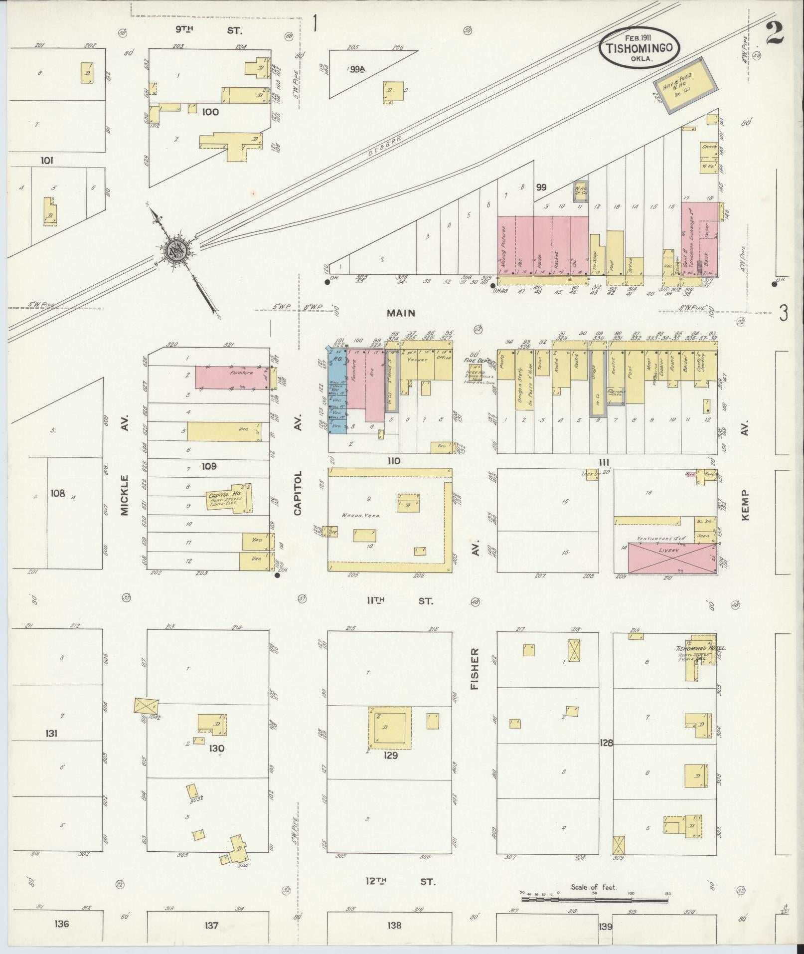 Sanborn Fire Insurance Map from Tishomingo, Johnston County, Oklahoma (1911), Sheet #0002 - Complete Map Set gallery image, historic Sanborn map, vintage wall art, Oklahoma Oklahoma