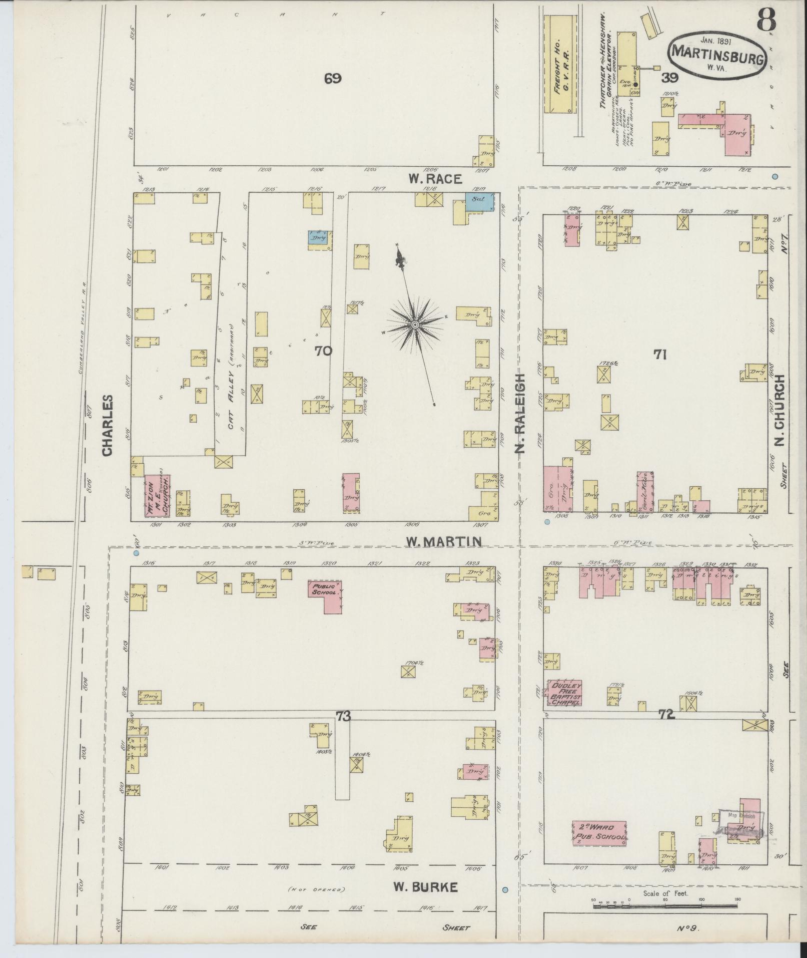 Sanborn Fire Insurance Map from Martinsburg, Berkeley County, West Virginia (1891), Sheet #0008 - Complete Map Set gallery image, historic Sanborn map, vintage wall art, West Virginia West Virginia