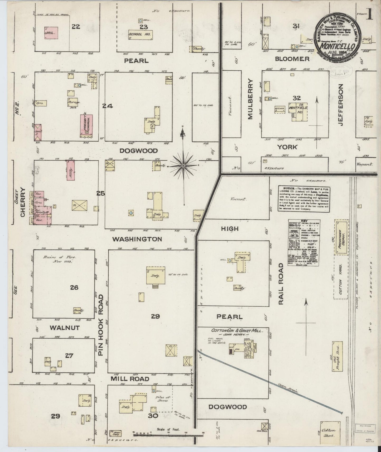 Sanborn Fire Insurance Map from Monticello, Jefferson County, Florida (1884), Sheet #0001 - Historic Sanborn Fire Insurance Map Print, vintage old map wall art, antique decor, genealogy gift, Florida Florida map