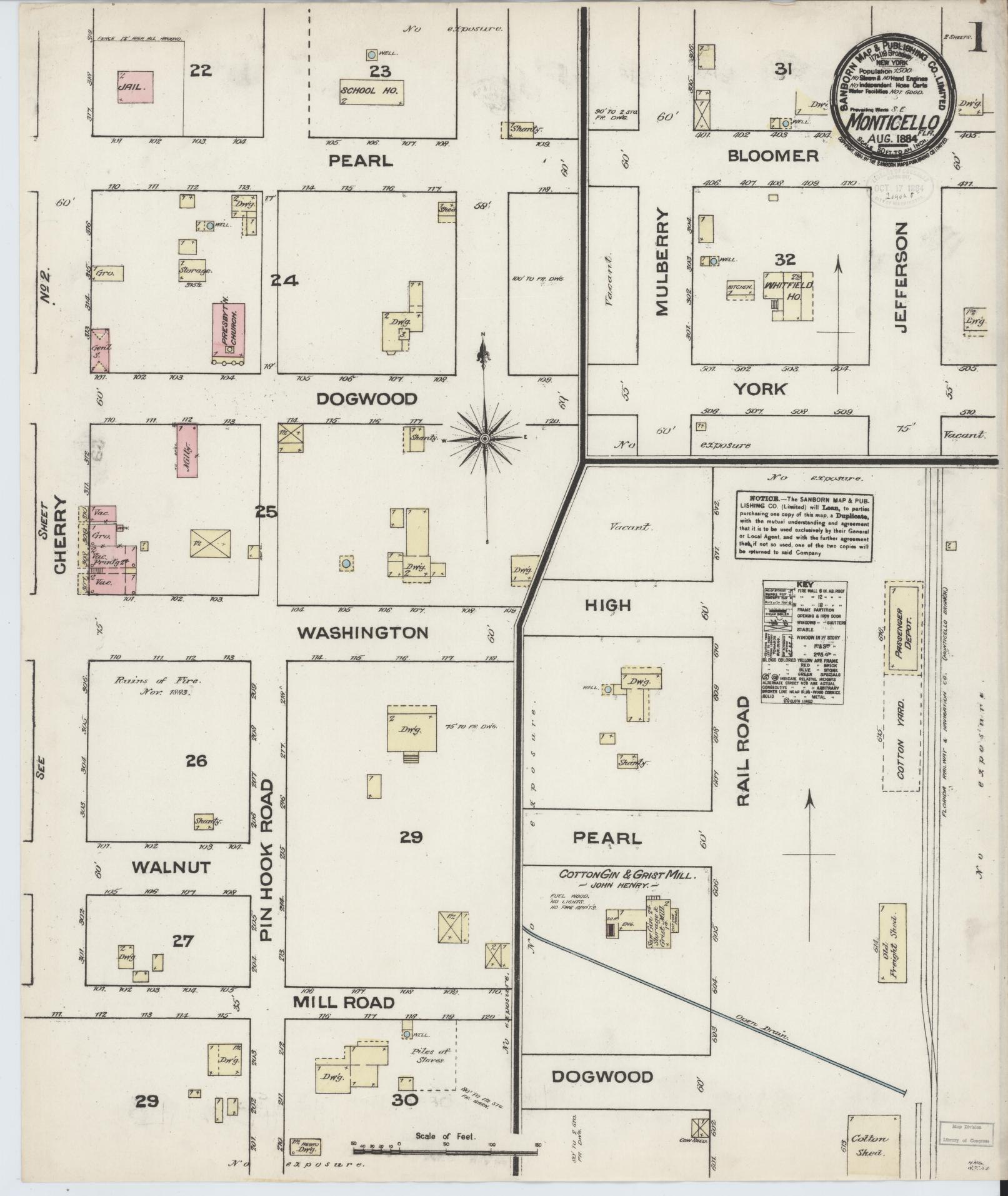 Sanborn Fire Insurance Map from Monticello, Jefferson County, Florida (1884), Sheet #0001 - Historic Sanborn Fire Insurance Map Print, vintage old map wall art, antique decor, genealogy gift, Florida Florida map