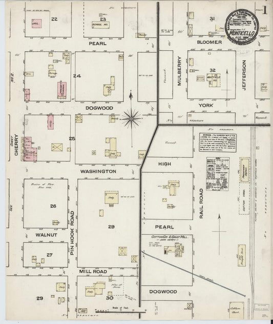 Sanborn Fire Insurance Map from Monticello, Jefferson County, Florida (1884), Sheet #0001 - Historic Sanborn Fire Insurance Map Print, vintage old map wall art, antique decor, genealogy gift, Florida Florida map