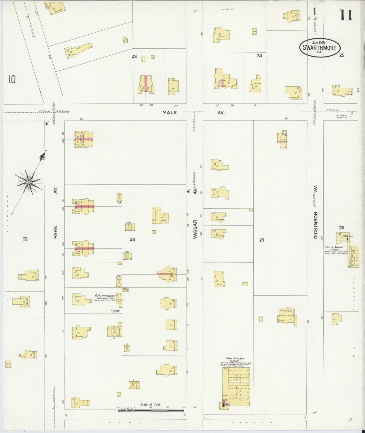 Sanborn Fire Insurance Map from Swarthmore, Delaware County, Pennsylvania (1909), Sheet #0011 - Historic Sanborn Fire Insurance Map Print, vintage old map wall art, antique decor, genealogy gift, Pennsylvania Pennsylvania map
