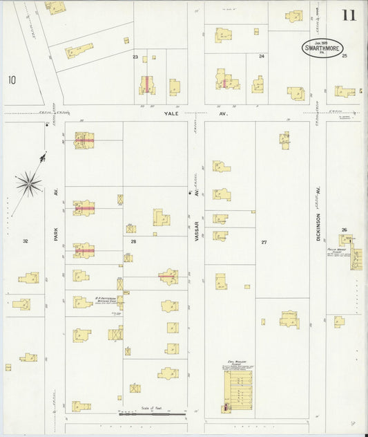 Sanborn Fire Insurance Map from Swarthmore, Delaware County, Pennsylvania (1909), Sheet #0011 - Historic Sanborn Fire Insurance Map Print, vintage old map wall art, antique decor, genealogy gift, Pennsylvania Pennsylvania map