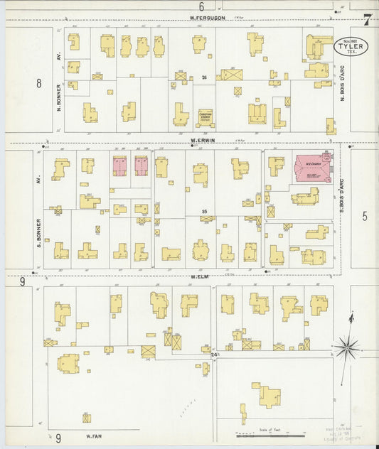 Sanborn Fire Insurance Map from Tyler, Smith County, Texas (1902), Sheet #0007 - Historic Sanborn Fire Insurance Map Print, vintage old map wall art, antique decor, genealogy gift, Texas Texas map