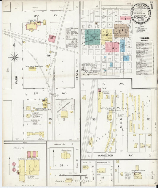 Sanborn Fire Insurance Map from Grinnell, Poweshiek County, Iowa (1893), Sheet #0001 - Historic Sanborn Fire Insurance Map Print, vintage old map wall art