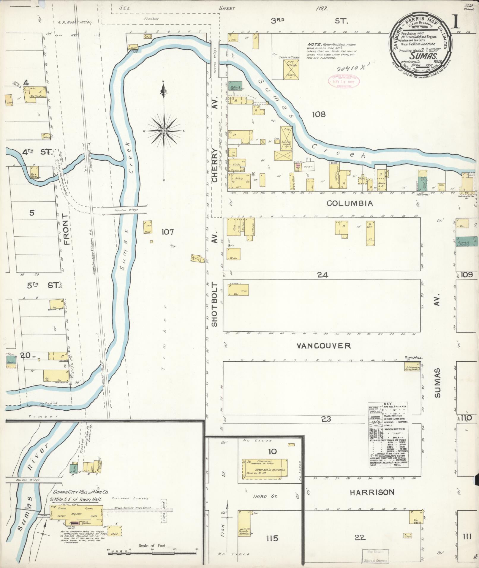 Sanborn Fire Insurance Map from Sumas, Whatcom County, Washington (1892), Sheet #0001 - Historic Sanborn Fire Insurance Map Print, vintage old map wall art, antique decor, genealogy gift, Washington Washington map