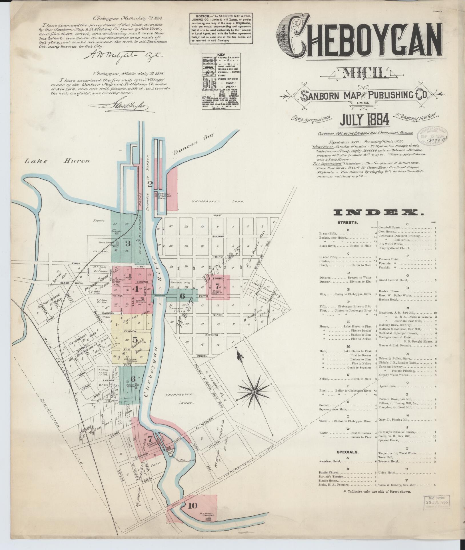 Sanborn Fire Insurance Map from Cheboygan, Cheboygan County, Michigan (1884), Sheet #0001 - Historic Sanborn Fire Insurance Map Print, vintage old map wall art, antique decor, genealogy gift, Michigan Michigan map