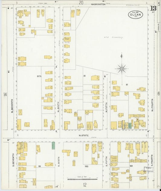 Sanborn Fire Insurance Map from Olean, Cattaraugus County, New York (1904), Sheet #0013 - Historic Sanborn Fire Insurance Map Print, vintage old map wall art, antique decor, genealogy gift, New York New York map