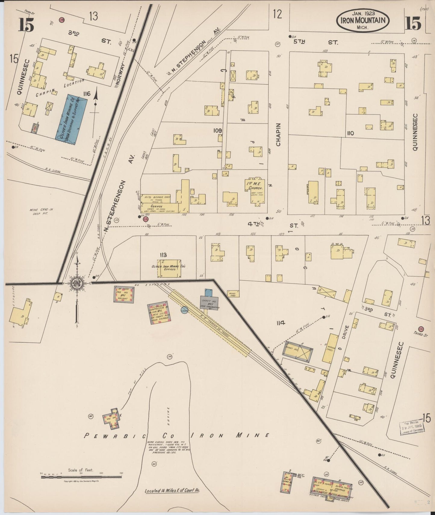 Sanborn Fire Insurance Map from Iron Mountain, Dickinson County, Michigan (1923), Sheet #0015 - Historic Sanborn Fire Insurance Map Print, vintage old map wall art, antique decor, genealogy gift, Michigan Michigan map