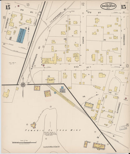 Sanborn Fire Insurance Map from Iron Mountain, Dickinson County, Michigan (1923), Sheet #0015 - Historic Sanborn Fire Insurance Map Print, vintage old map wall art, antique decor, genealogy gift, Michigan Michigan map