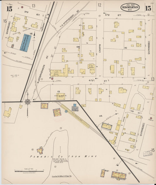 Sanborn Fire Insurance Map from Iron Mountain, Dickinson County, Michigan (1923), Sheet #0015 - Historic Sanborn Fire Insurance Map Print, vintage old map wall art, antique decor, genealogy gift, Michigan Michigan map