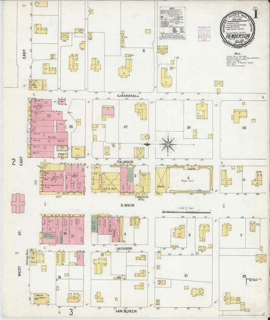 Sanborn Fire Insurance Map from Henderson, Rusk County, Texas (1901), Sheet #0001 - Historic Sanborn Fire Insurance Map Print, vintage old map wall art, antique decor, genealogy gift, Texas Texas map