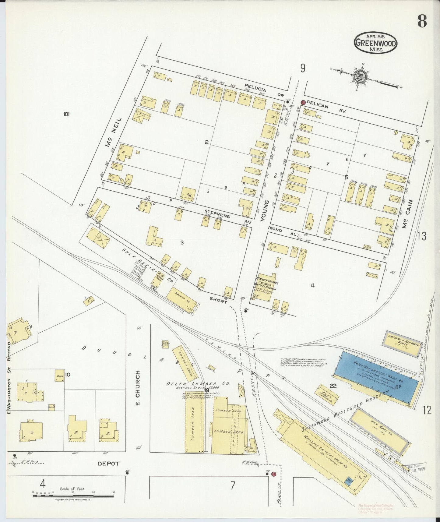 Sanborn Fire Insurance Map from Greenwood, Leflore County, Mississippi (1918), Sheet #0008 - Complete Map Set gallery image, historic Sanborn map, vintage wall art, Mississippi Mississippi