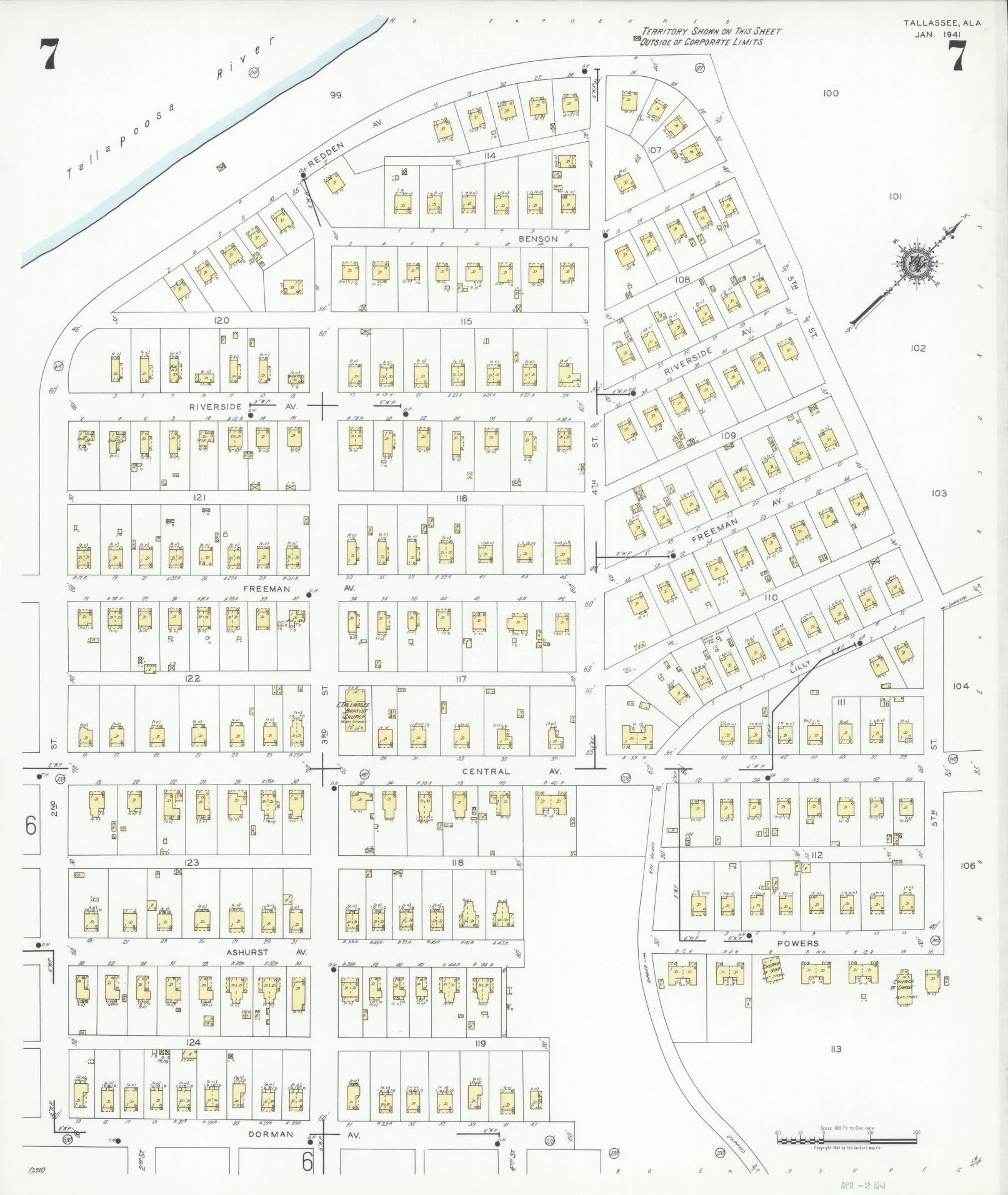 Sanborn Fire Insurance Map from Tallassee, Elmore And Tallapoosa Counties, Alabama (1941), Sheet #0007 - Historic Sanborn Fire Insurance Map Print, vintage old map wall art, antique decor, genealogy gift, Alabama Alabama map