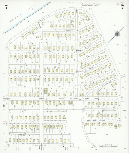 Sanborn Fire Insurance Map from Tallassee, Elmore And Tallapoosa Counties, Alabama (1941), Sheet #0007 - Historic Sanborn Fire Insurance Map Print, vintage old map wall art, antique decor, genealogy gift, Alabama Alabama map