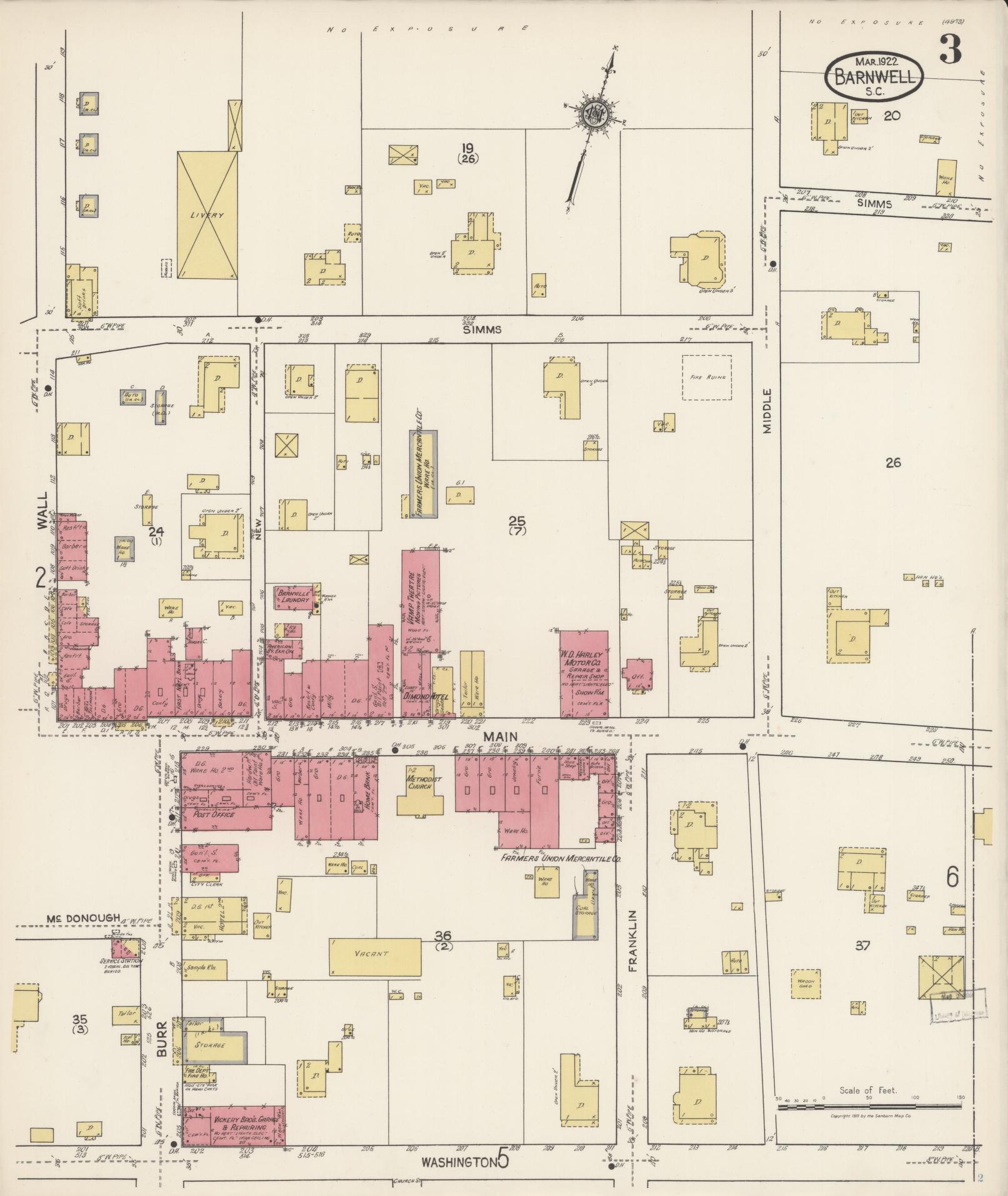 Sanborn Fire Insurance Map from Barnwell, Barnwell County, South Carolina (1922), Sheet #0003 - Complete Map Set gallery image, historic Sanborn map, vintage wall art, South Carolina South Carolina