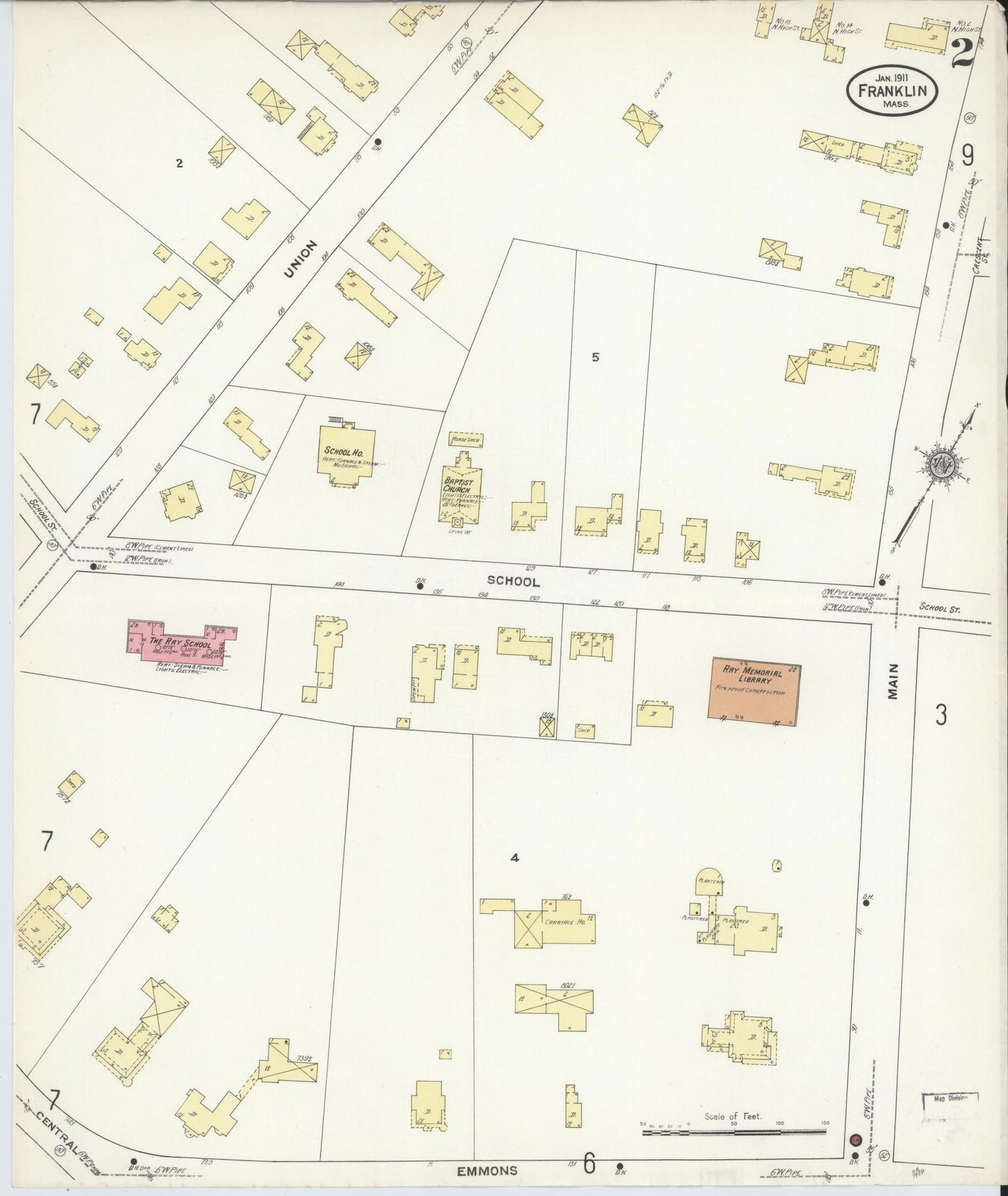 Sanborn Fire Insurance Map from Franklin, Norfolk County, Massachusetts (1911), Sheet #0002 - Historic Sanborn Fire Insurance Map Print, vintage old map wall art, antique decor, genealogy gift, Massachusetts Massachusetts map