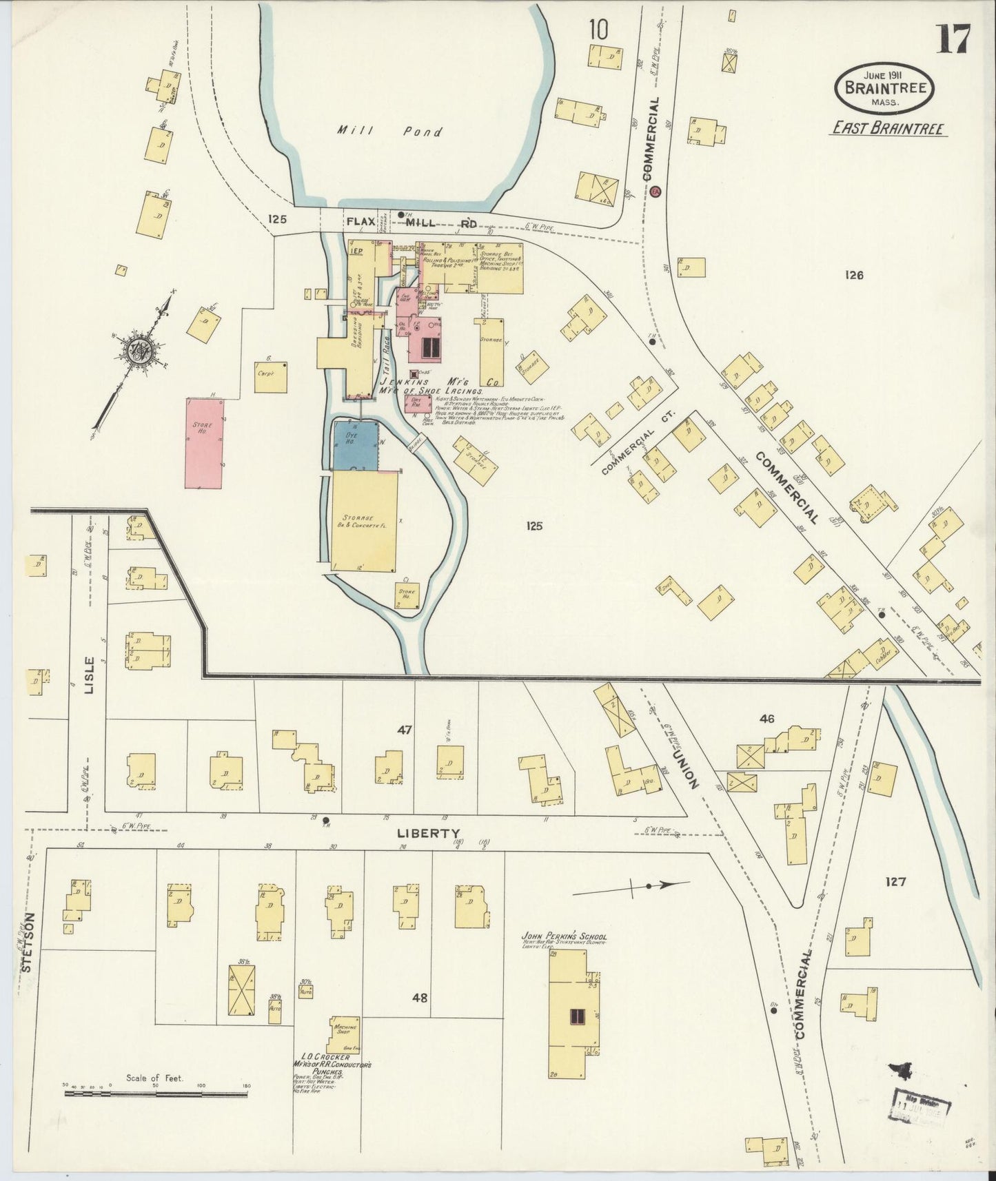 Sanborn Fire Insurance Map from Braintree, Norfolk County, Massachusetts (1911), Sheet #0017 - Historic Sanborn Fire Insurance Map Print, vintage old map wall art, antique decor, genealogy gift, Massachusetts Massachusetts map