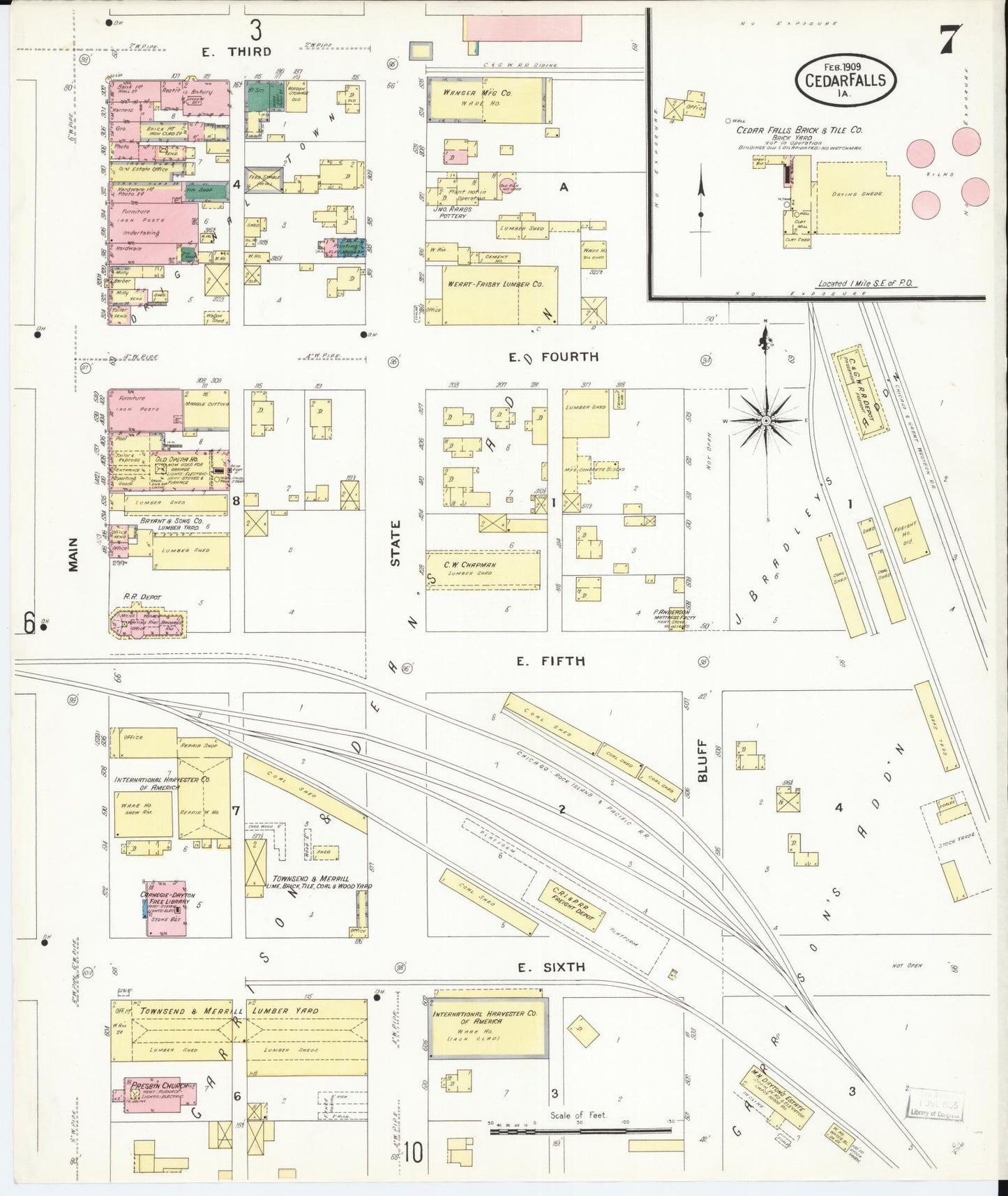 Sanborn Fire Insurance Map from Cedar Falls, Black Hawk County, Iowa (1909), Sheet #0007 - Historic Sanborn Fire Insurance Map Print, vintage old map wall art
