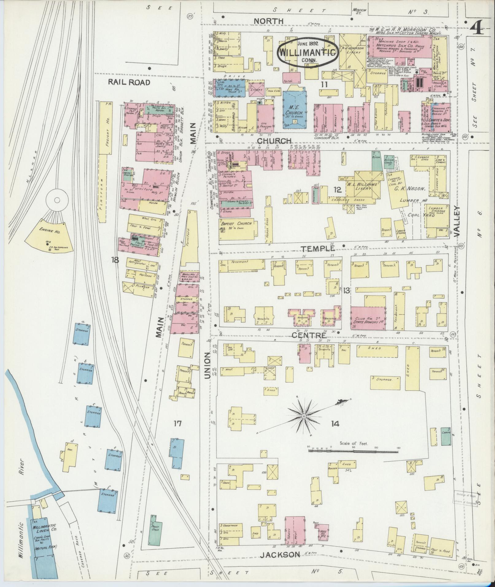 Sanborn Fire Insurance Map from Willimantic, Windham County, Connecticut (1892), Sheet #0004 - Historic Sanborn Fire Insurance Map Print, vintage old map wall art, antique decor, genealogy gift, Connecticut Connecticut map