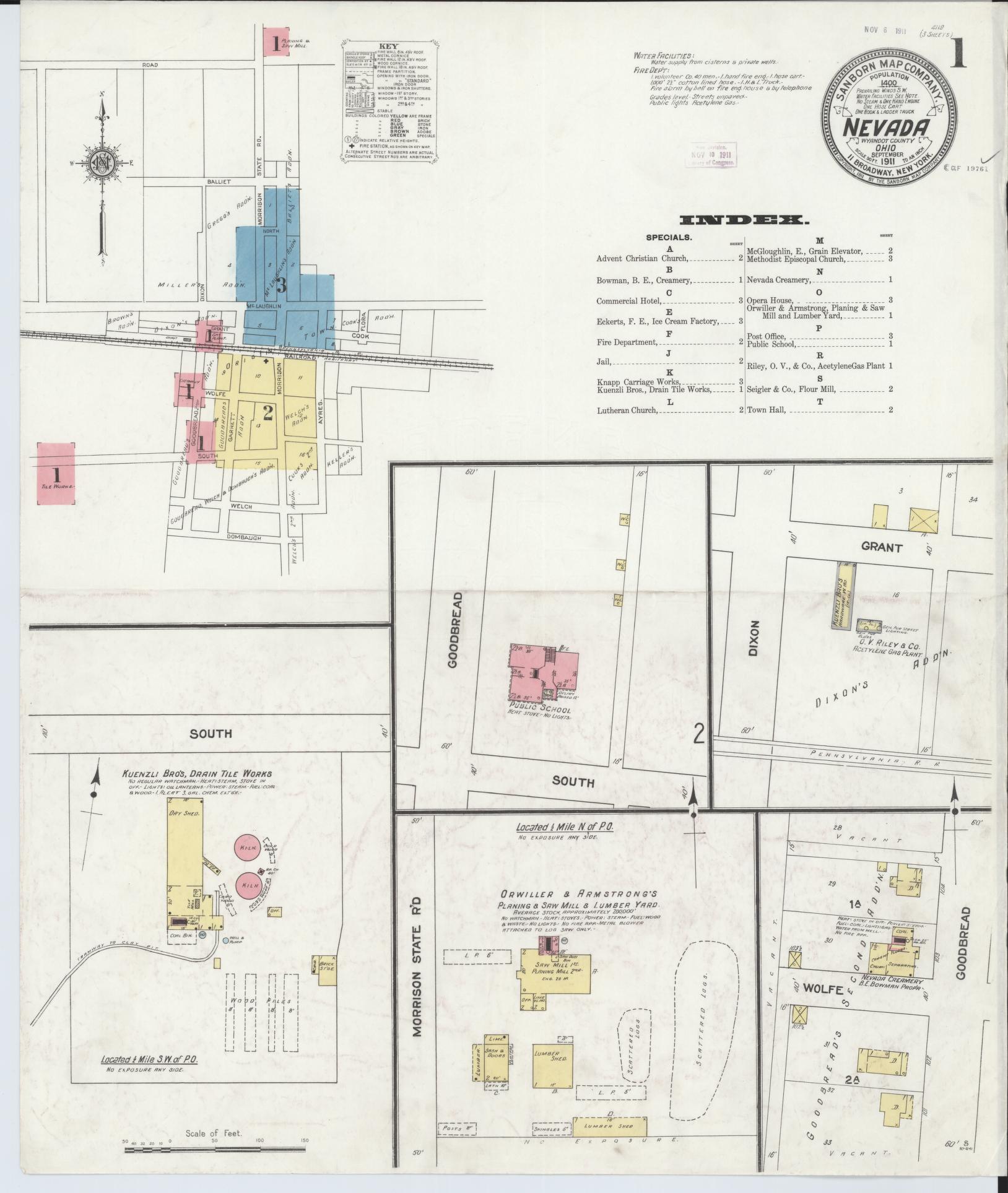 Sanborn Fire Insurance Map from Nevada, Wyandot County, Ohio (1911), Sheet #0001 - Historic Sanborn Fire Insurance Map Print, vintage old map wall art, antique decor, genealogy gift, Nevada Nevada map