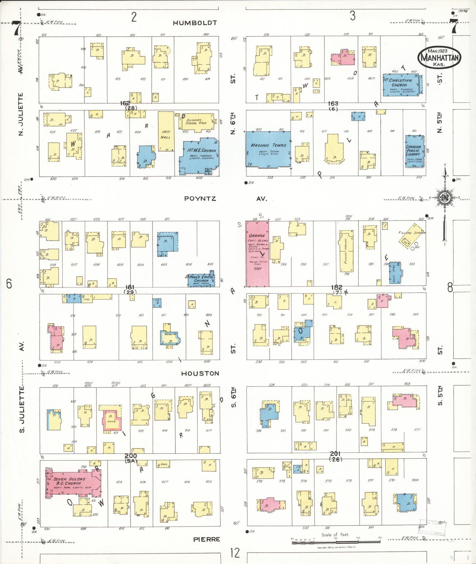 Sanborn Fire Insurance Map from Manhattan, Riley County, Kansas (1923), Sheet #0007 - Complete Map Set gallery image, historic Sanborn map, vintage wall art, Kansas Kansas