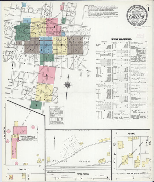 Sanborn Fire Insurance Map from Charleston, Coles County, Illinois (1910), Sheet #0001 - Historic Sanborn Fire Insurance Map Print, vintage old map wall art, antique decor, genealogy gift, Illinois Illinois map